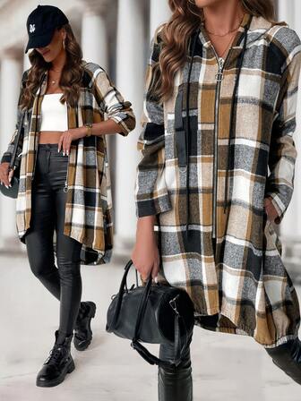 Women's Fashionable Casual Plaid Brushed Hooded Mid-Length Jacket, Autumn