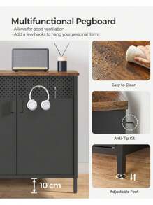 SONGMICS Storage Cabinet, Metal Cabinet With Double Doors, Magnetic Closure, Adjustable Shelf, Steel Frame, Rustic Brown And Black