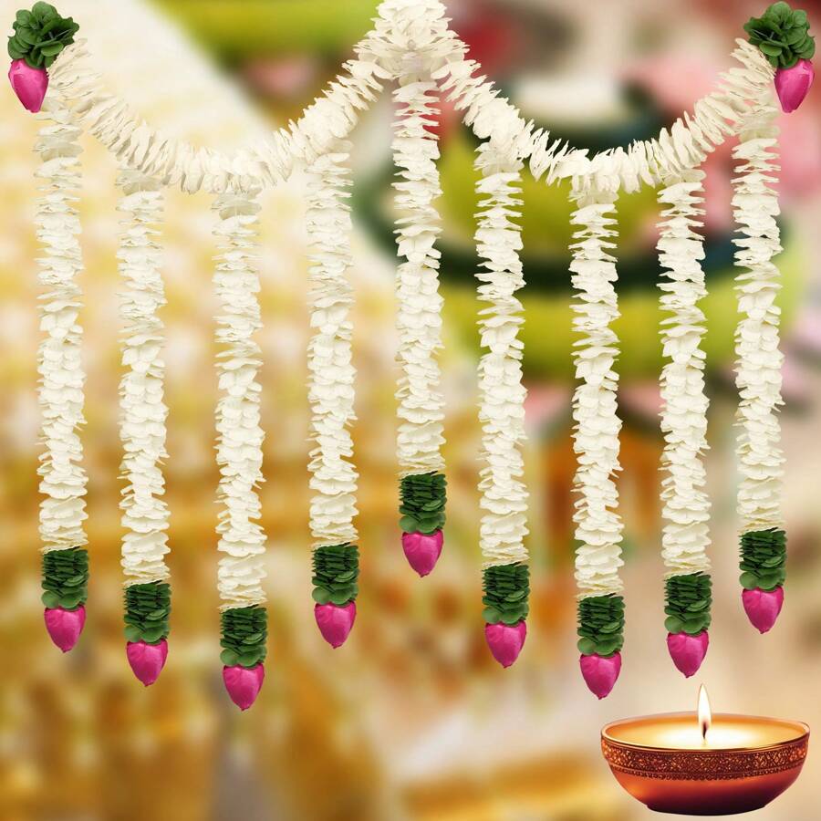 Thiccywoov 30 Inch Diwali Decorations Artificial Jasmine Garland With Lotus Buds Pooja Decoration  Traditional Mogra Jasmine Garland Wall Hanging For Varalakshmi Puja (White,5 Pcs) - 白色 - 查看 1