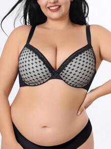 Sujetador de lencería de talla grande para mujer con aros, diseño de contraste de color de malla acolchada y push up para curvas, diseño sexy - Negro - Ver 2