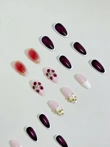 24 件/套 Y2K 紫色法式贴片指甲 3D 花朵条纹金色钢珠中号杏仁形甜美淑女贴片指甲，混合颜色，光泽表面按压式美甲用品 + 1 件果冻凝胶 + 1 件指甲锉装饰您的指甲提升您的时尚品味！ - 彩色 - 查看 4