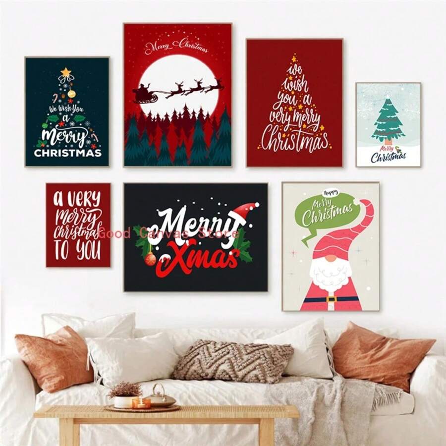 1 tấm áp phích ông già Noel vui vẻ ngày lễ vui vẻ tranh in trên vải nghệ thuật treo tường hiện đại hình ảnh quà tặng trẻ em phòng khách trang trí nhà không có khung - Nhiều màu - Xem 1