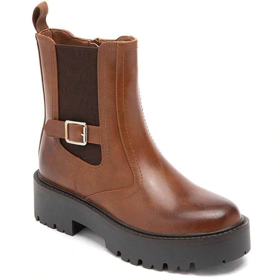 Stivaletti alla caviglia con suola carrarmato e fibbia - Stile robusto e comfort garantito - Cammello - Visualizzare 1