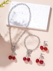 4pcs/Set Acrylic Cherry Pattern Jewelry Set - Vintage OT Clasp Necklace & Earrings, Accessories For Women - Women's Cherry Jewelry Set - View 9