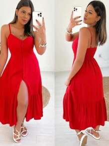 Women's Red Dress Midi Long Button Front Strap Tank Top Buttons Ruffle Model Elegant Party Summer Dresses - Red - View 4