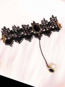 Women's Halloween Gothic Dark Style European & American Vintage Lace Rose Ring Bracelet - Black - View 2
