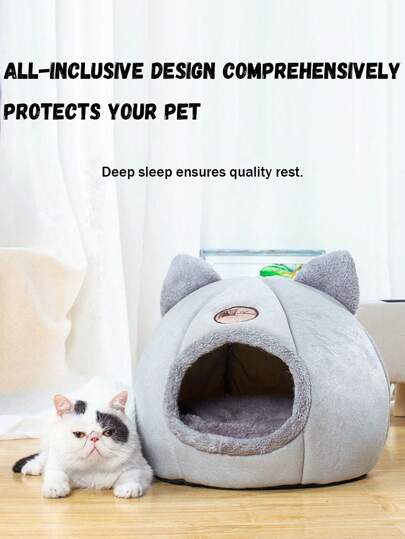 Cama para gatos semi-cerrada y cálida con diseño de orejas de gato, para gatos y perros en invierno