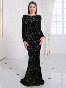 Romagic Damen schwarzes Samtkleid mit Pailletten, Boot-Ausschnitt, Langarm, Maxikleid für festliche Abendveranstaltungen, elegantes Hochzeitsgast Kleid - Schwarz - Übersicht 2