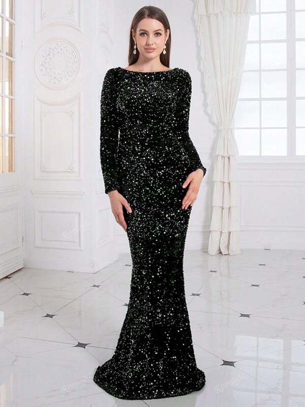 Romagic Women Black Boat Neck Velvet Sequin Long Sleeves Maxi Evening Party Dress Elegant Gown For Solemn Formal Event, Wedding Guest Dress