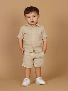 Children's Set Mauricinho Boy In Social Linen Bermuda Shorts - 卡其色 - 查看 5