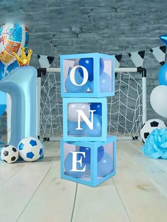 1 岁生日礼盒 充满活力的 1 岁生日气球装饰，适合男孩和女孩，婴儿淋浴，蓝色盒子配白色字母，生日派对字母背景拍照道具婴儿淋浴家庭装饰礼物