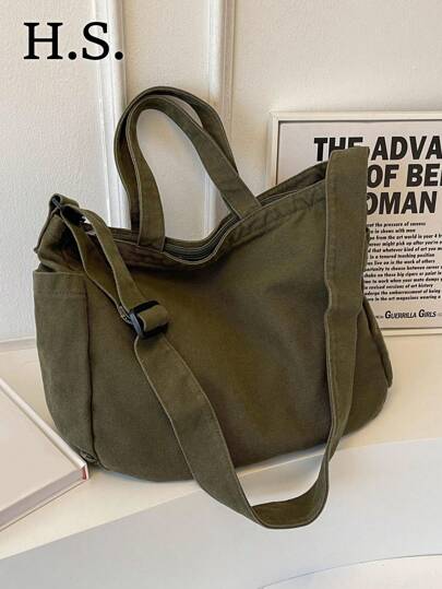 Vintage Washed Thick Canvas Tote Bag - Casual Foldable Large Capacity Handbag, Shoulder Bag, Suitable For Daily Use, School, College Students