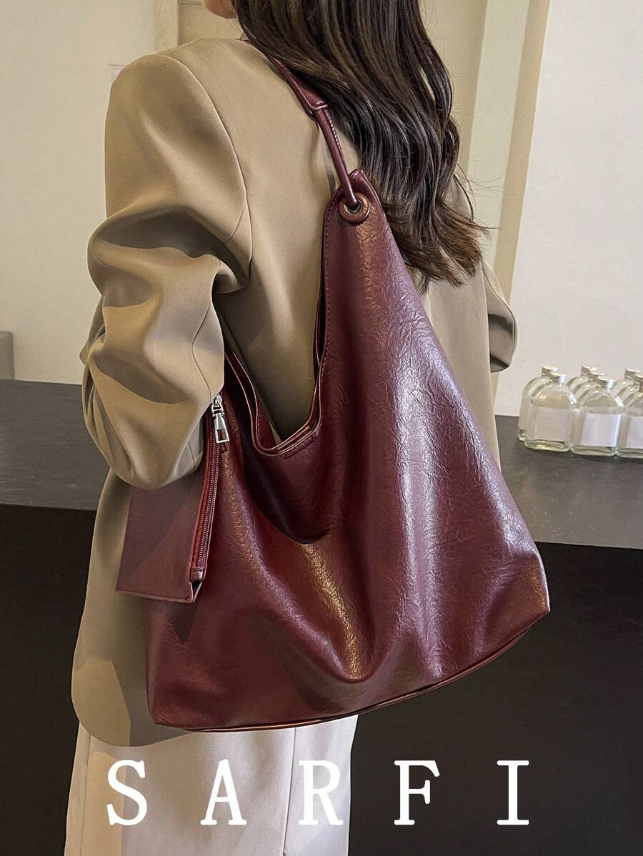 Two New Autumn And Winter Items, Large Capacity Retro Frosted Women's Shoulder Bag, Retro Hong Kong Style Tote Bag, Slouchy Style Large Capacity Bag, New Autumn Wine Red Color, Commuting Soft Leather Shoulder Bag Popular This Year,