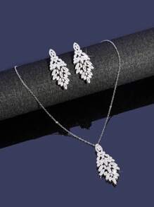 Bộ trang sức cưới sang trọng 3 món đính đá Zirconia, bao gồm dây chuyền và bông tai, thích hợp cho cô dâu. - trắng - Xem 3