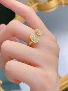 1 pieza Anillo abierto ajustable con gota de agua y cristal de fantasía bohemio, joya de mujer de oro y plata como regalo - anillo de gota de agua - Ver 3