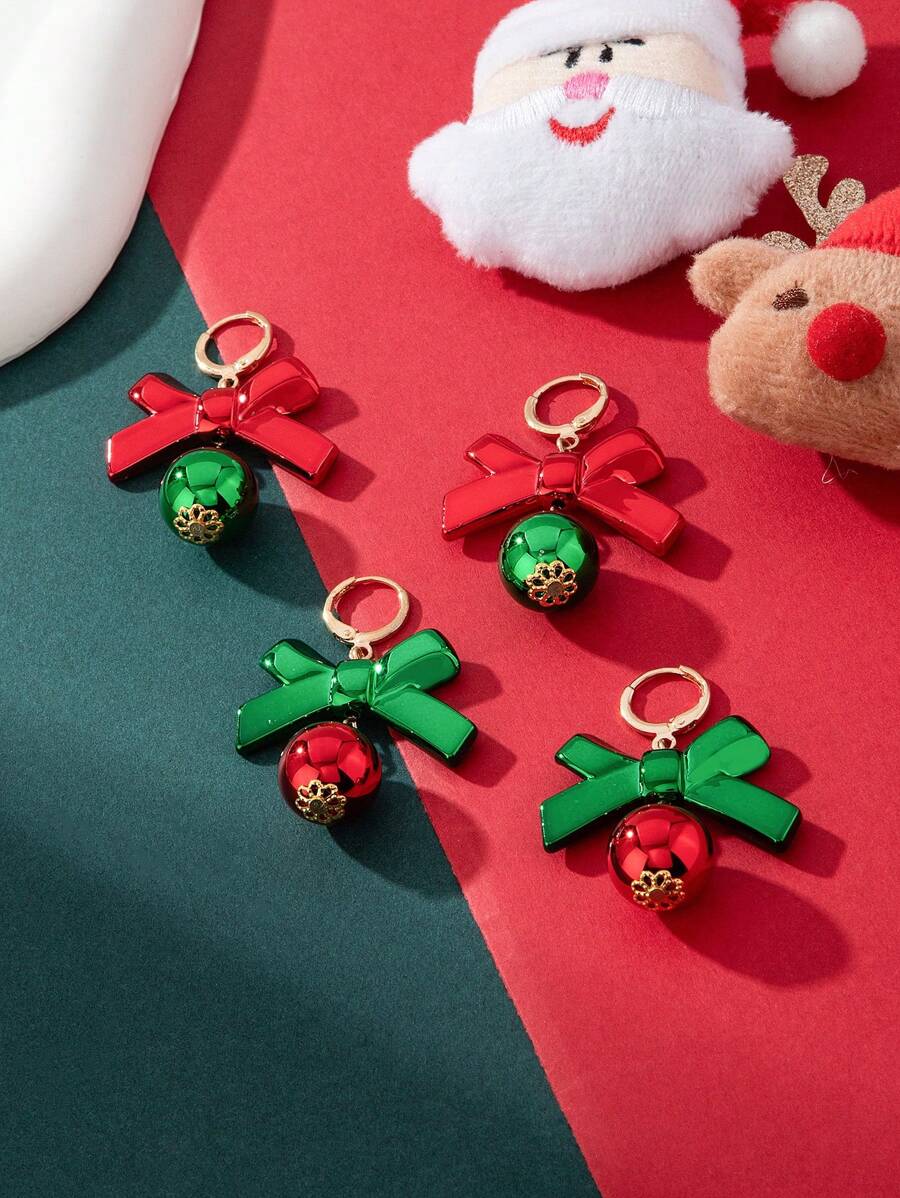 2 件/套时尚圣诞可爱蝴蝶结设计耳环，适合女性派对、节日和日常佩戴 - 蝴蝶結 - 查看 1