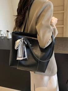 Bolso de mano con bolsillos con cremallera de gran capacidad, de unicolor retro de PU y seda, con decoración de pañuelo para mujer. Nuevo bolso de hombro de gran capacidad para otoño/invierno. Cartera con lazo de moda para mujer. Bolso de trabajo llamativo para mujer.