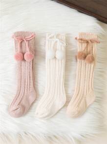 3 双/批 冬秋季宝宝女孩樱桃球及膝袜幼儿筒形公主袜儿童针织袜腿套 0-3 岁粉色白色卡其色 - 彩色 - 查看 1
