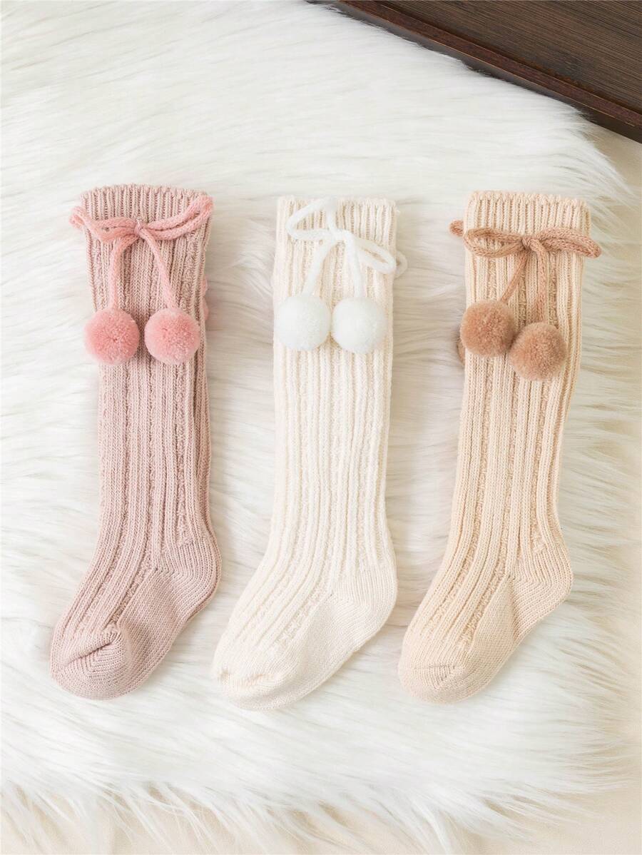 3 双/批 冬秋季宝宝女孩樱桃球及膝袜幼儿筒形公主袜儿童针织袜腿套 0-3 岁粉色白色卡其色 - 彩色 - 查看 1