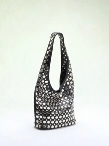 TÚI SCULPTEDSTYLE 1 chiếc Túi đeo vai sang trọng đính đinh tán tròn hai mặt phong cách Punk, thiết kế cao cấp cho công sở - màu đen - Xem 3