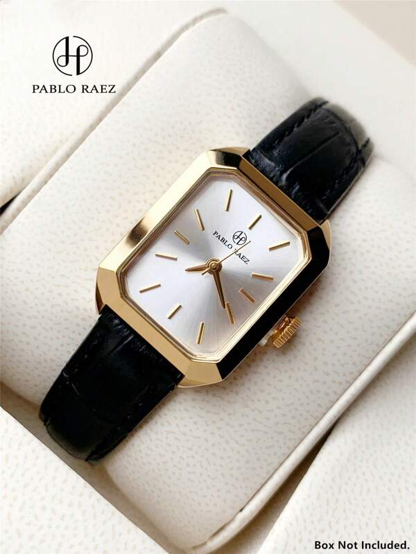 Pablo Raez 1 pieza Reloj de cuarzo analógico para mujer con caja de acero inoxidable enchapada en oro de 18K, esfera blanca y correa negro, resistente al agua hasta 50m, elegante y apto para uso diario, trabajo, fiestas, cumpleaños - una excelente opción de regalo para mujeres