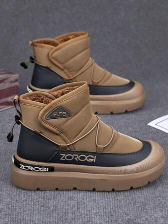 Men's Winter Snow Boots, High-Top Hook-And-Loop Slip-On Style, Warm Plush Lining, Thick Sole, Outdoor & Casual Wear, Anti-Slip, Waterproof, Durable Leather Upper, Comfortable For Young Men