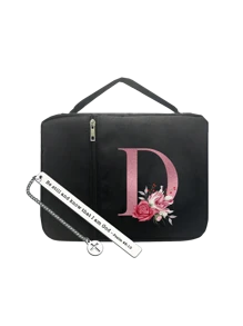 黑色圣经袋，带玫瑰深粉色首字母印花图案，适用于存放圣经书籍、圣经文件夹、便携式储物袋、带拉链和口袋的标准尺寸圣经袋，用于存放书籍、平板电脑、手机、杂物，带手柄的圣经袋，非常适合女士和男士手提包（拉链位置随机，无 U、V）组织者组织 - 黑色 - 查看 16