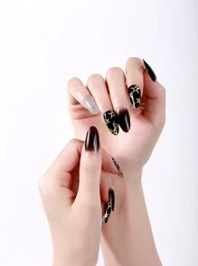 16 件黑色半固化凝胶指甲贴，经典简约奢华风格，配有 1 个指甲锉，需要紫外线灯，持久耐用，DIY 美甲贴纸，适合女士和女孩 - 黑色 - 查看 2