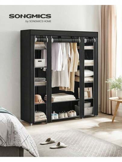  SONGMICS Fabric Wardrobe, Portable Wardrobe For Bedroom, Clothes Rail With Non-Woven Fabric Cover, Clothes Storage Organiser, 45 X 150 X 175 Cm, 12 Compartments, Metal Frame, Black