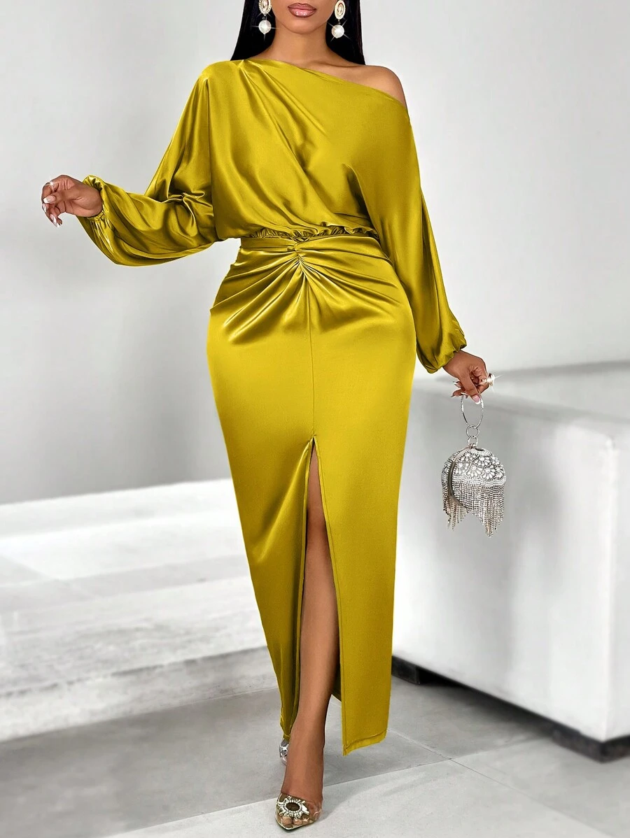 AIJ Amarilo 女士优雅纯色单肩扭结前系带高开衩修身连衣裙，适合春季派对穿着 - 黃色 - 查看 1