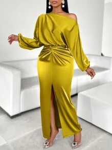 AIJ Amarilo 女士优雅纯色单肩扭结前系带高开衩修身连衣裙，适合春季派对穿着 - 黃色 - 查看 4
