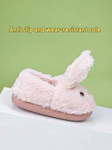 1 Pair Pink Cartoon Bunny Ear Kids Fluffy Slippers, Warm And Comfortable Slip-On House Shoes For Indoor, Outdoor, Casual Wear - Pink - View 6