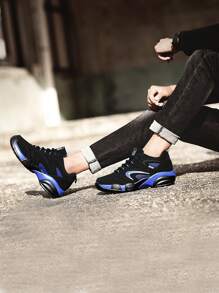 DINGZU Giày thể thao nam cổ thấp màu xanh navy và đen, chống trượt, thoáng khí, thoải mái ngoài trời, giày thể thao giản dị, giày thể thao da phong cách tối giản, giày tennis màu trơn, giày đế cao su dày - Màu xanh lam - Xem 9