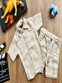 Children's Set Mauricinho Boy In Social Linen Bermuda Shorts - 卡其色 - 查看 3
