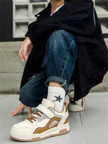 Giày thể thao trẻ em Unisex, thời trang đế dày ấm áp phần trên bằng da cho trẻ em cỡ trung, mềm mại thoải mái, khóa dán, dày cho mùa đông - Màu be - Xem 2