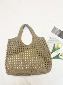 轻便休闲女士极简大容量镂空编织购物袋，钩针编织，母亲节礼物，大容量手提包，适合毕业生、青少年女孩、大学新生、大二学生、大三学生和大四学生，也适合高中生、大学生、研究生等学生，是户外活动、旅行和返校的理想之选。 - 卡其色 - 查看 9