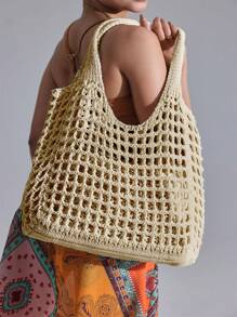 轻便休闲女士极简大容量镂空编织购物袋，钩针编织，母亲节礼物，大容量手提包，适合毕业生、青少年女孩、大学新生、大二学生、大三学生和大四学生，也适合高中生、大学生、研究生等学生，是户外活动、旅行和返校的理想之选。 - 卡其色 - 查看 2