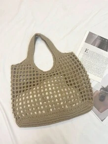 轻便休闲女士极简大容量镂空编织购物袋，钩针编织，母亲节礼物，大容量手提包，适合毕业生、青少年女孩、大学新生、大二学生、大三学生和大四学生，也适合高中生、大学生、研究生等学生，是户外活动、旅行和返校的理想之选。 - 卡其色 - 查看 8