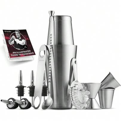 Expert Cocktail Shaker Home Bar Set - 14 Piece Stainless Steel Bar Tools Kit With Shaking Tins, Flat Bottle Opener, Double Bar Jigger, Hawthorne Strainer, Shot Glasses, Bar Spoon, And 6 Pour Spouts.