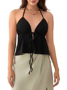 Women Halterneck Crop Tops Summer Solid Color Bandage Open Front Backless Sleeveless Tops Streetwear - Black - View 2