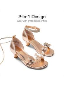 Girls Lace Up Low Heel Sandals For Girls Ankle Strap Dress Pump Strappy Gladiator Wedding Party Shoes Rhinestones Butterfly For Little Kid/Big Kid - 香檳色 - 查看 8