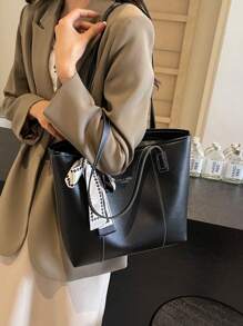 Bolso de mano con bolsillos con cremallera de gran capacidad, de unicolor retro de PU y seda, con decoración de pañuelo para mujer. Nuevo bolso de hombro de gran capacidad para otoño/invierno. Cartera con lazo de moda para mujer. Bolso de trabajo llamativo para mujer.