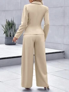 Solid Color Lapel Neck Peak Collar Double Button Long Sleeves Asymmetrical Hem Blazer And Wide Leg Pants Two-Piece Set Women's Clothes,Workplace,Commuting,Old Money Style