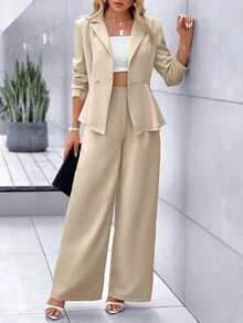 Solid Color Lapel Neck Peak Collar Double Button Long Sleeves Asymmetrical Hem Blazer And Wide Leg Pants Two-Piece Set Women's Clothes,Workplace,Commuting,Old Money Style