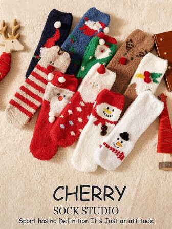 1/3/6 Double Set Random Shipment Men's Multi-Color Plush Santa Claus Reindeer Snowman Suitable For Christmas Gifts, Comfortable Mid-Calf Plush Socks For Home Use