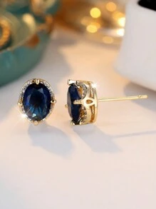 优雅椭圆形海军蓝方晶锆石女士耳环，奢华，适合婚礼、派对、节日和日常佩戴，适合所有季节 - 寶藍色 - 查看 2