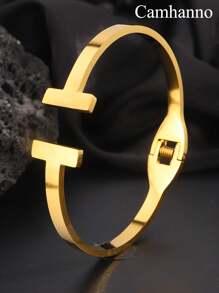Camhanno 1 Piece Simple Retro Stainless Steel Open Double T-Bracelet For Holiday Gift Boyfriend - Gold - View 3