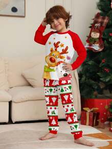 Young Boy Christmas New Round Neck Long Sleeve Teddy Bear & Deer Print Loungewear Set
