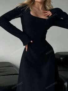 1pc Women Elegant Long Sleeve Bow Tied Square Collar A-Line Dress, Autumn
