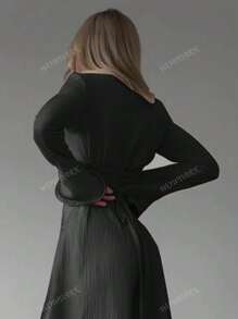 1pc Women Elegant Long Sleeve Bow Tied Square Collar A-Line Dress, Autumn